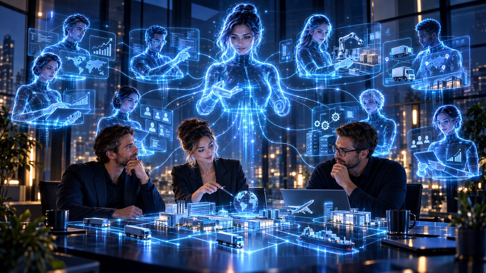 Trois personnes travaillent autour d’une table d’entreprise pendant que des Personas MetaCore coordonnent la logistique, la finance, les opérations et la connaissance dans la couche opératoire.