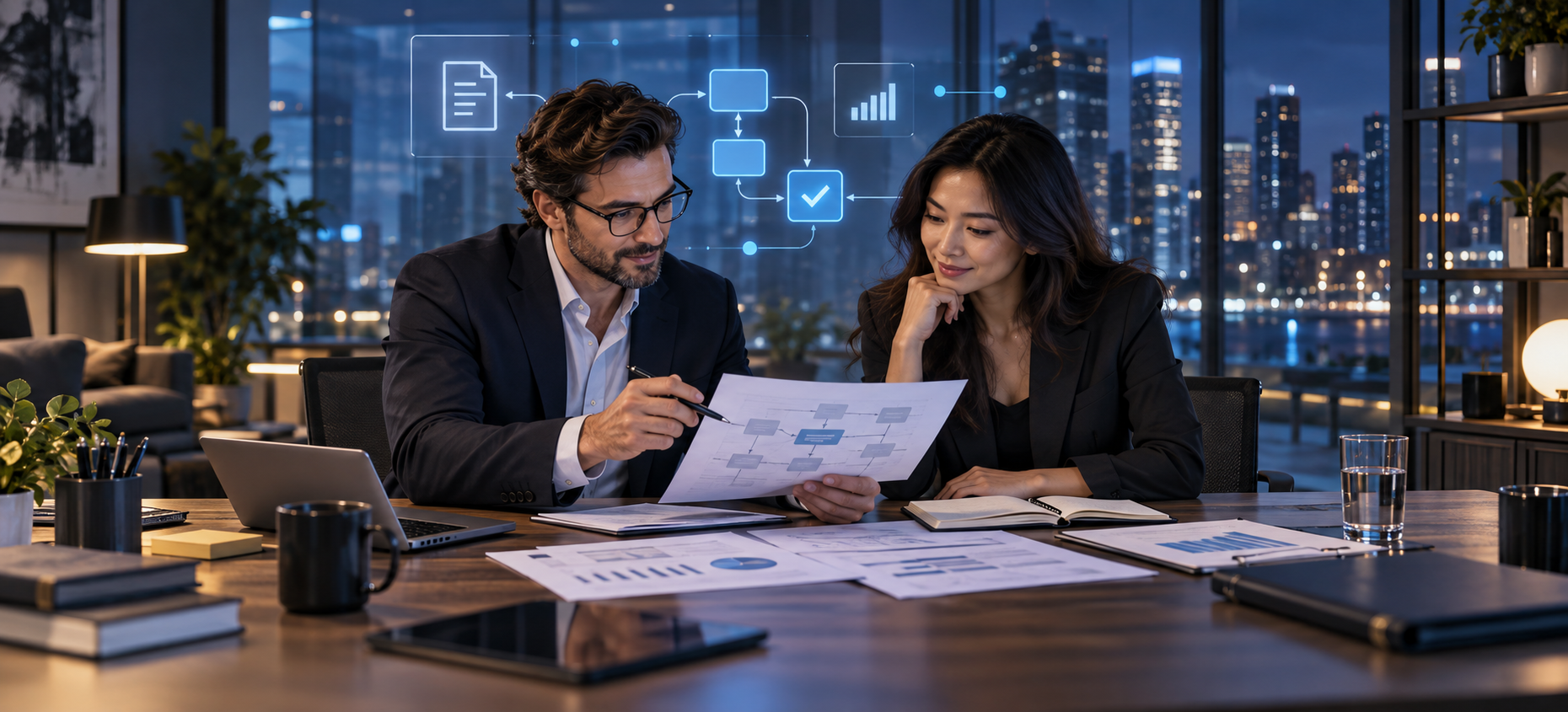 Business proposal workflow with human review and an AI-assisted coordination layer.