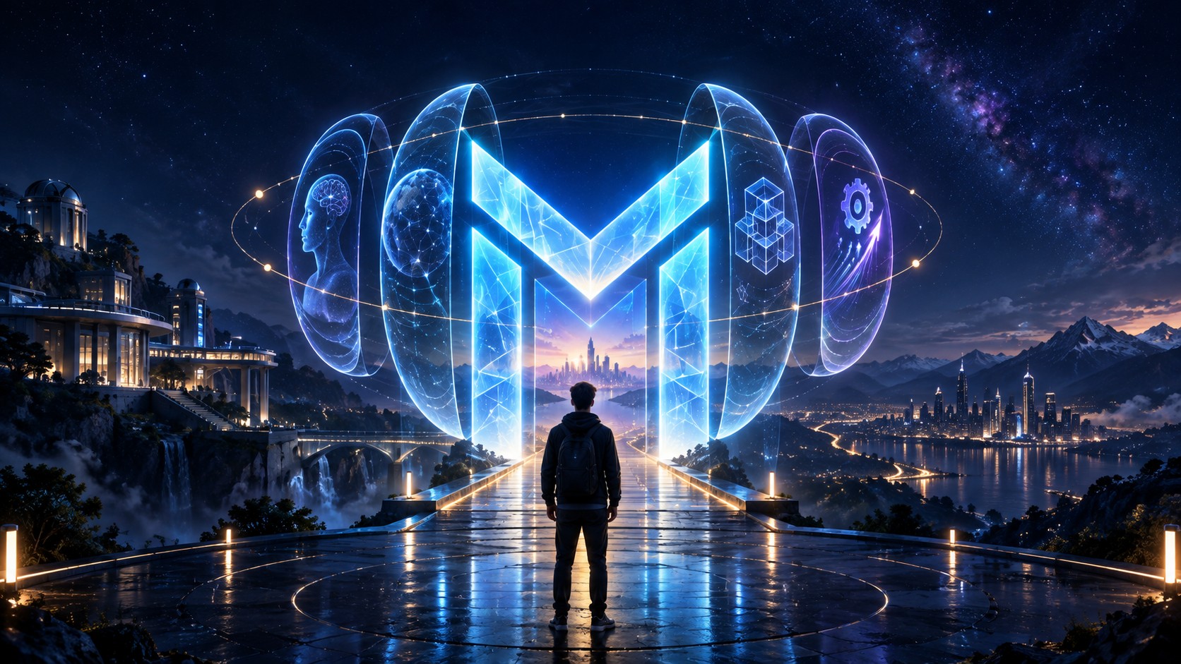 A learner enters the MetaCore Academy field where human judgment, context, structure and action form the path of a responsible AI operator.