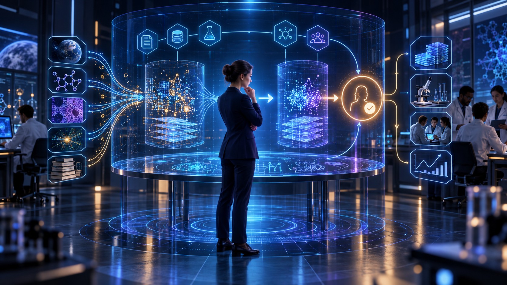 A MetaCore Science LAB researcher guides the evidence cycle across sources, experiments, model comparison and human judgment.