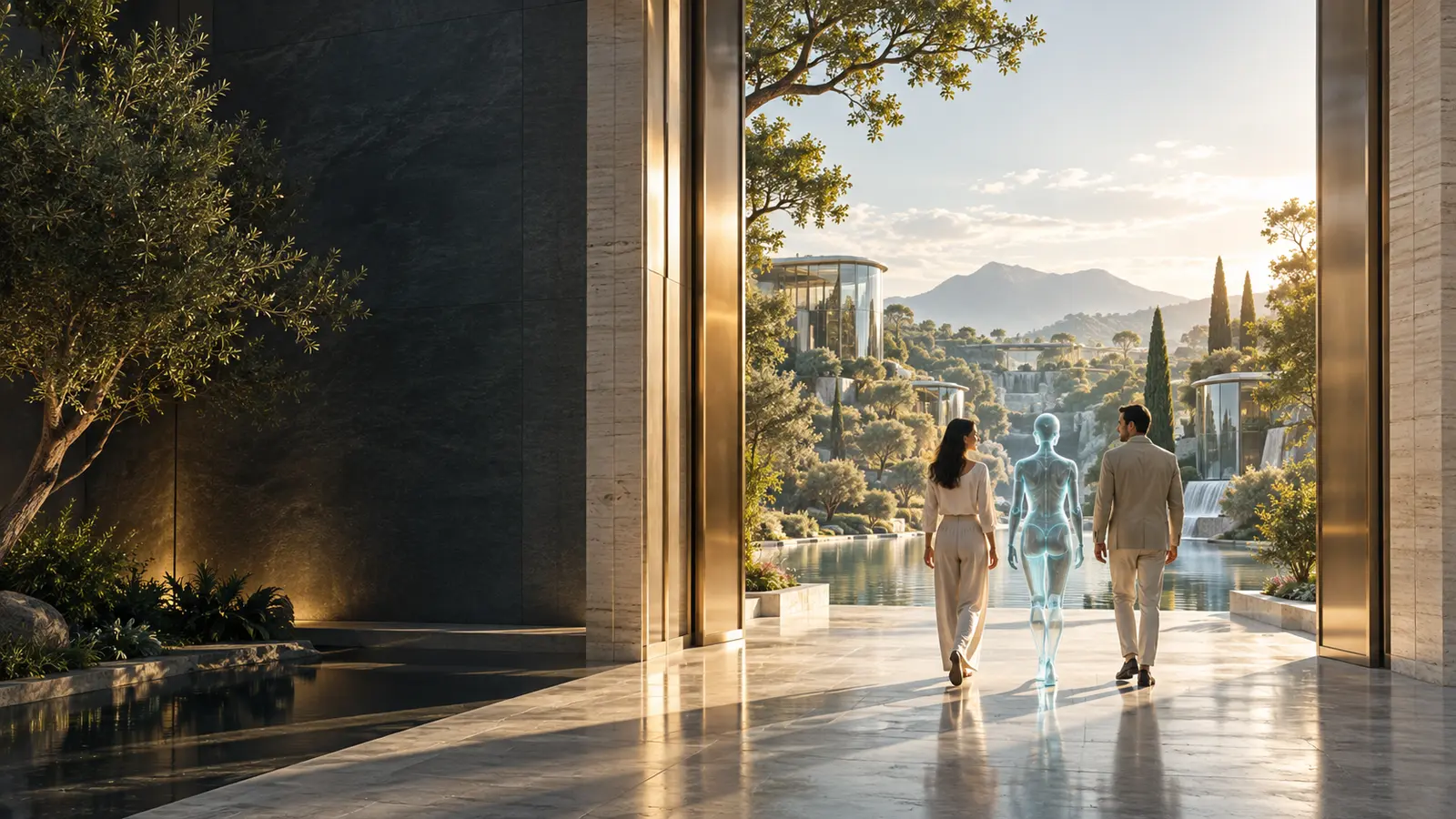 An open doorway to a green future: people and an AI companion walk together through a sunlit garden