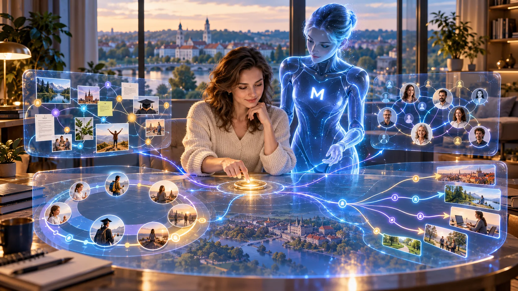 Žmogus renkasi sprendimo kelią šalia aiškiai holografinės AI Personos su M kostiumėliu. Viename Context Engine lauke matyti asmeninis kontekstas, ciklų laiko juosta, žmonių ryšiai ir keli galimi scenarijai.