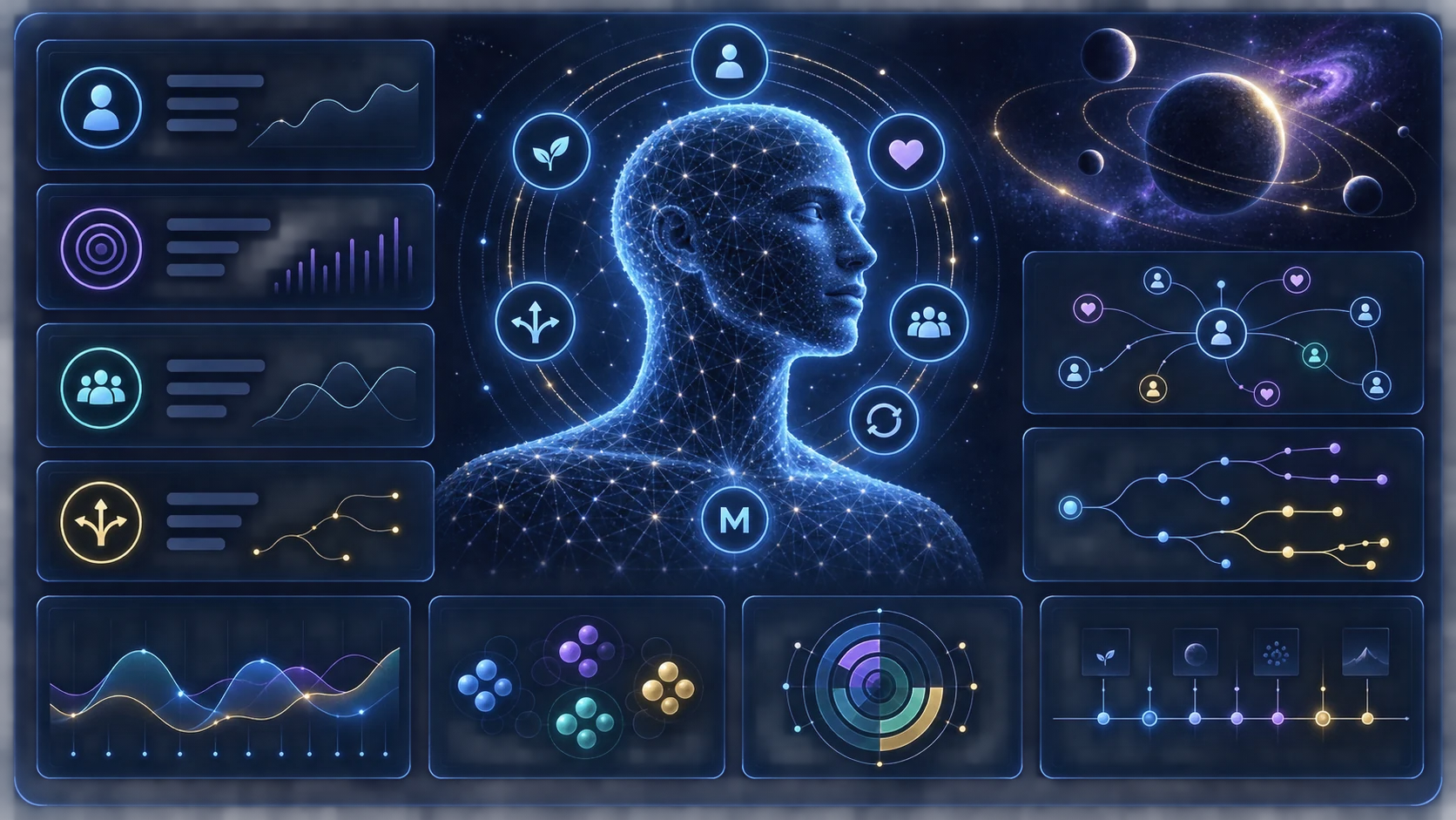 A luminous human profile surrounded by cycle rings, a relationship network and scenario branches in a dark MetaCore dashboard.