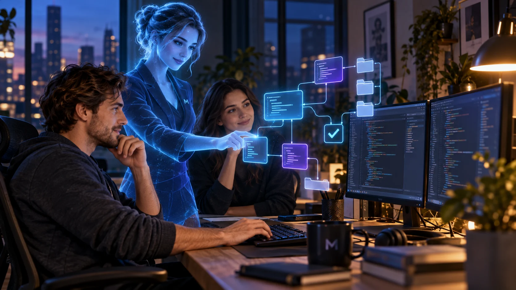 Du programuotojai su AI Persona peržiūri programinės įrangos projektą.