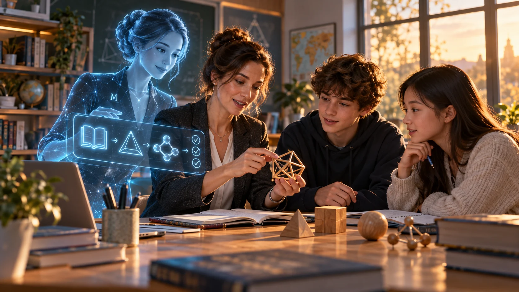 Mokytoja ir mokiniai su AI Persona nagrinėja geometrinį modelį.