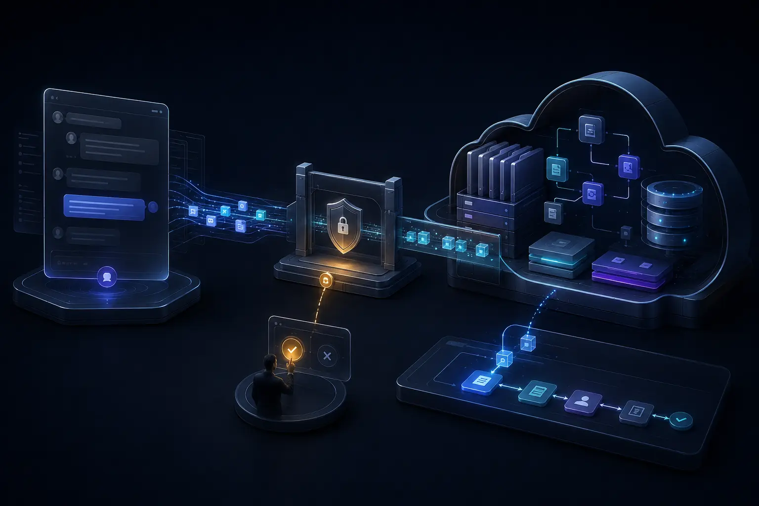 MetaCore API ir MCP Connector architektūra: AI sesija per saugų Bridge prijungiama prie privataus MetaCloud Workspace, o darbas tęsiamas iš išsaugoto projekto konteksto su žmogaus patvirtinimu
