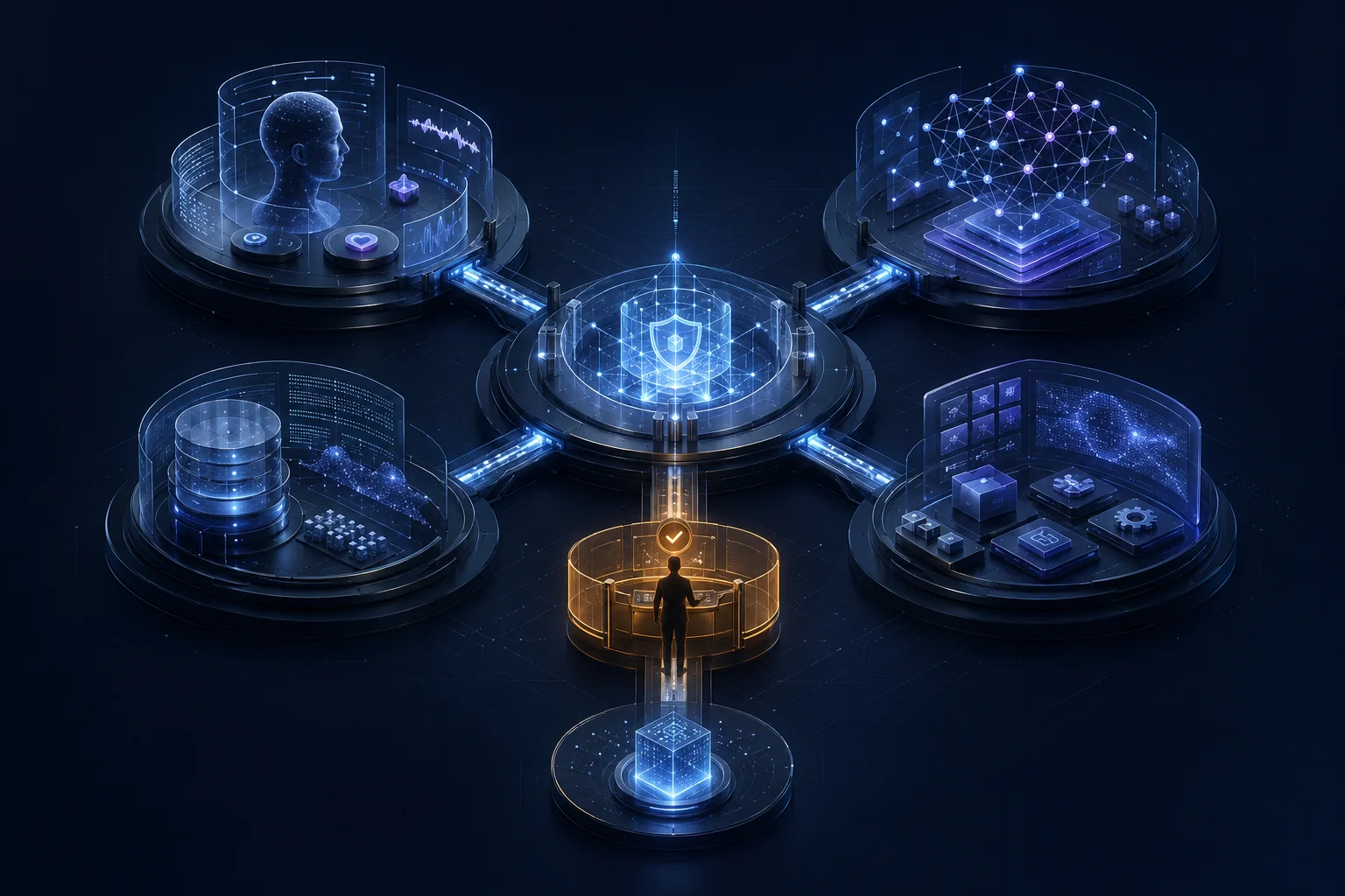 MetaCore Bridge orchestravimo žemėlapis: žmogaus kontekstas, AI modelis, tęstinė atmintis ir darbo moduliai jungiami per saugų centrinį sluoksnį, o veiksmas patvirtinamas žmogaus.