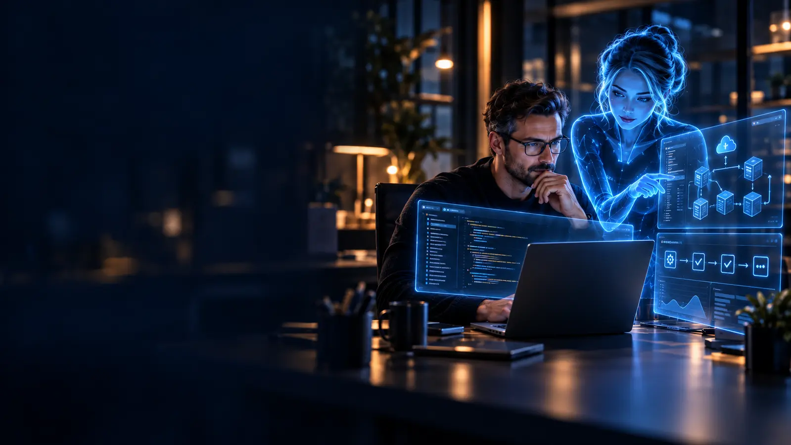 Ein professioneller Operator und MetaCore AI Persona arbeiten mit Code und Infrastruktur