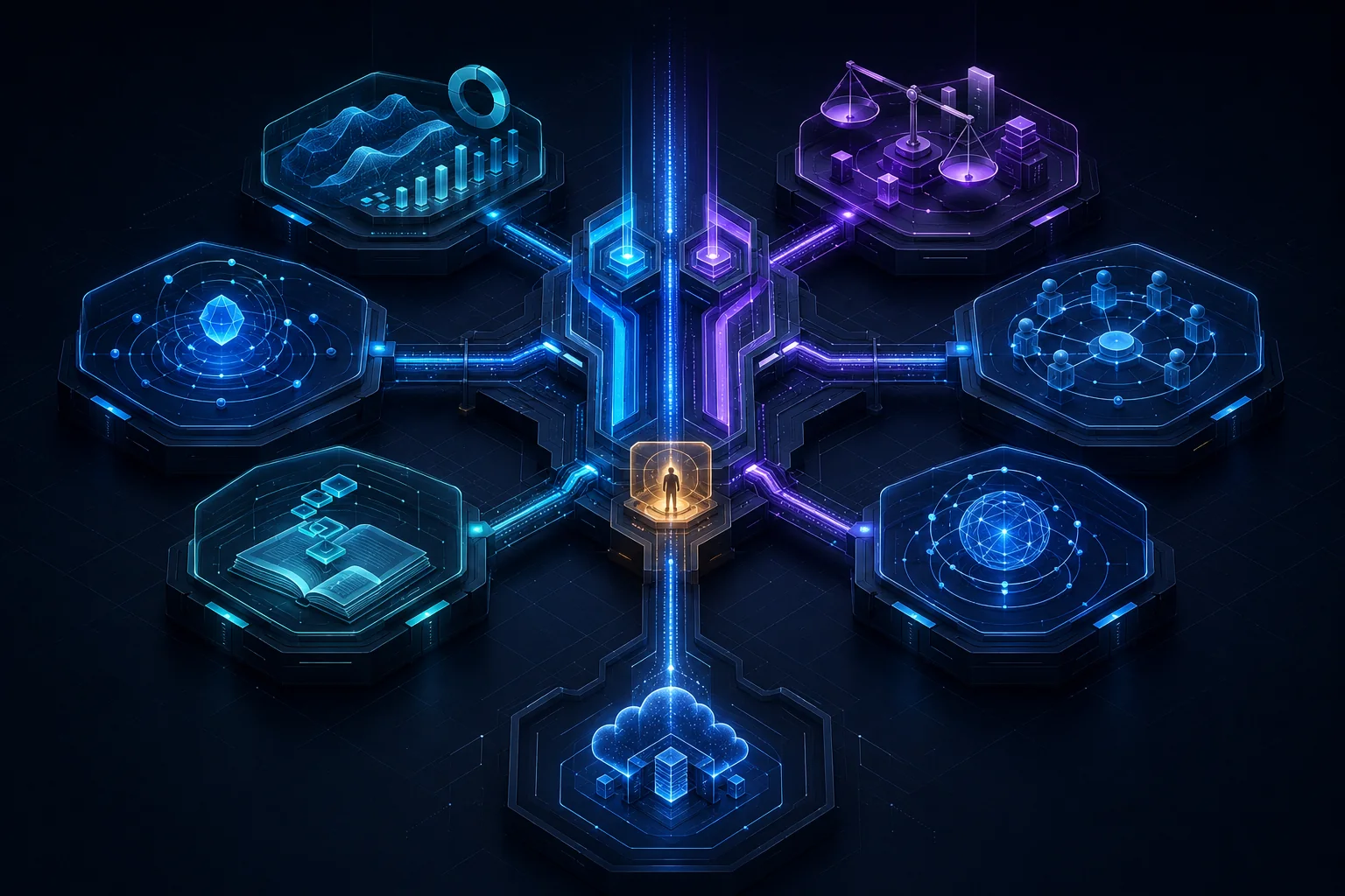 MetaCore ekosistemos žemėlapis: Engine ir Activate sudaro bendrą stuburą, prie kurio prijungti šeši vieši darbo paviršiai, žmogaus patvirtinimo vartai ir tęstinumas į MetaCloud.