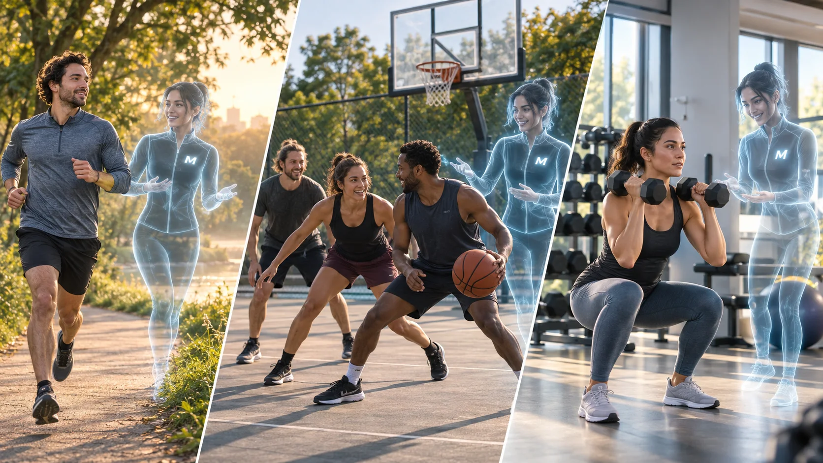 Ein Läufer im Park, Freunde beim Basketball und eine Frau beim Krafttraining im Studio; in jeder Szene ist eine mit M gekennzeichnete holografische Darstellung von AI Persona zu sehen.