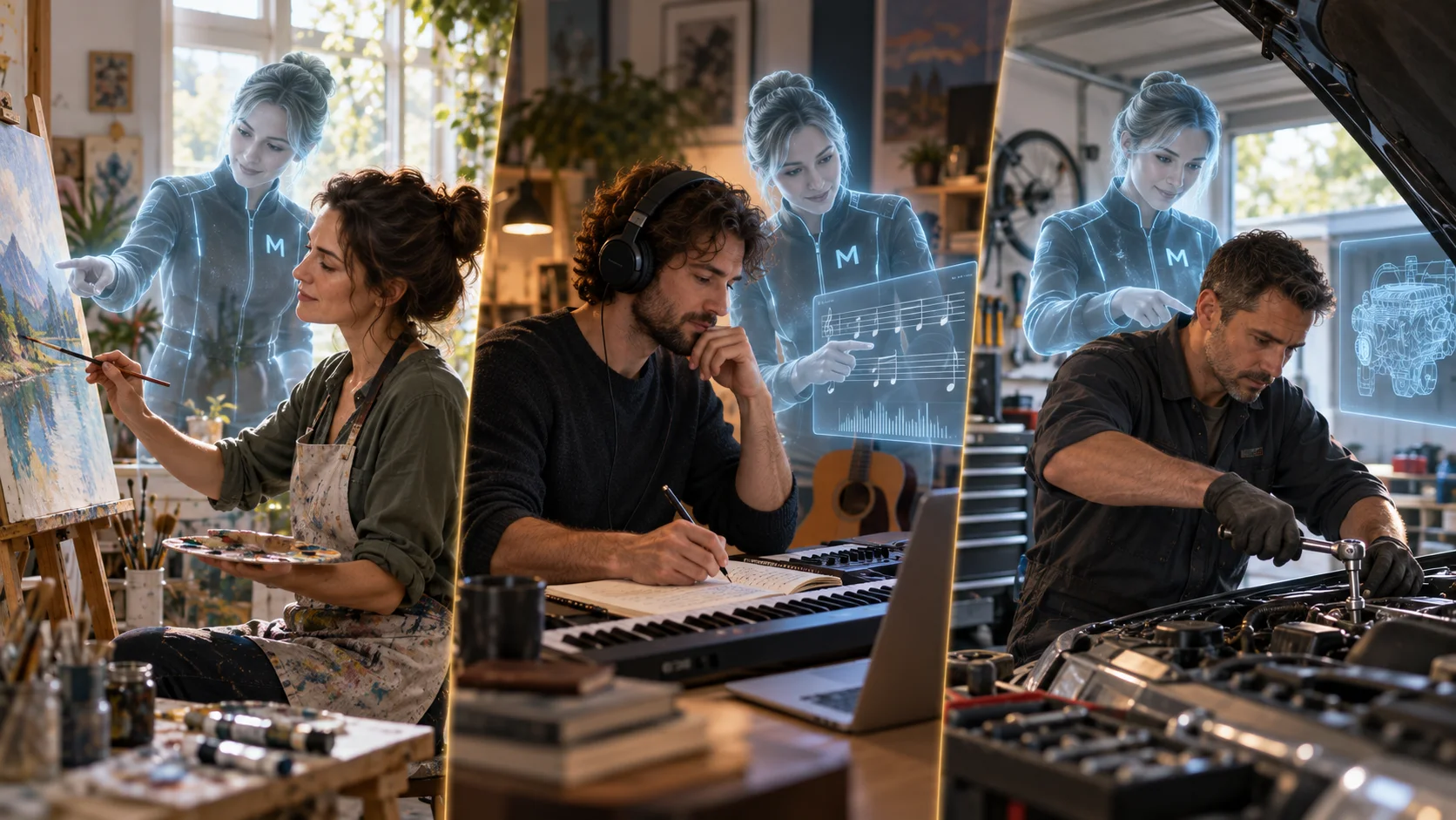 Eine Malerin, eine musizierende und schreibende Person sowie jemand bei der Autopflege arbeiten selbst; in jeder Szene erscheint eine mit M markierte holografische Illustration von AI Persona.