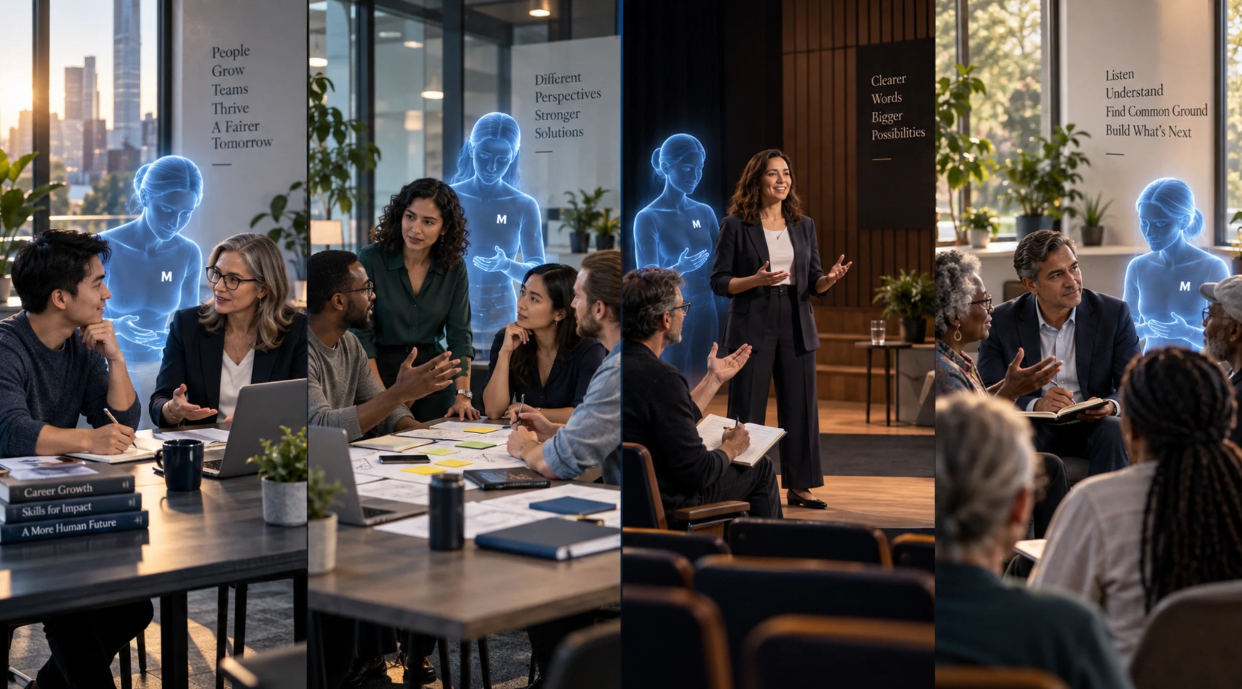Four examples: a career conversation with a mentor, team collaboration, public-speaking practice and a nonpartisan community discussion; a digital AI Persona marked M appears beside each scene.