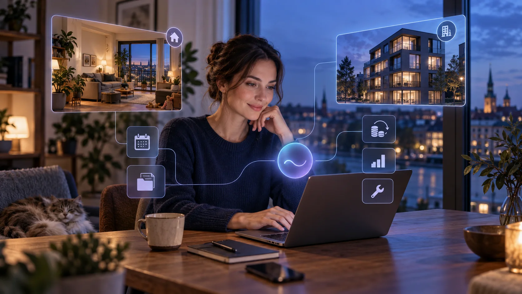 Eine Person sieht sich zu Hause zwei Immobilien und eine dezente digitale Assistenz an; die Entscheidungen bleiben bei ihr.