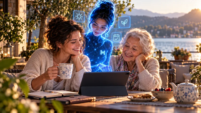 Zwei einander nahestehende Frauen verschiedener Generationen entspannen auf einer Terrasse am See; AI Persona ist als Planungshilfe dargestellt.