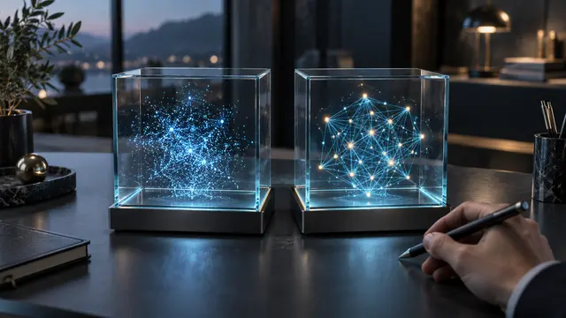 Konzeptioneller KI-Vergleich: zwei Glasmodelle mit unterschiedlich verbundenen Lichtpunkten