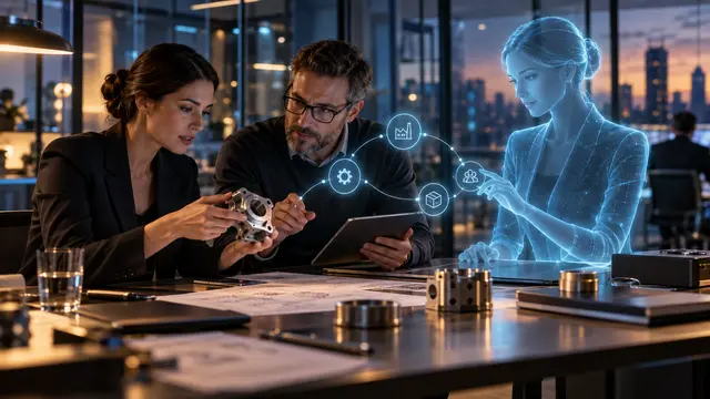 Menschen und eine holografische AI Persona besprechen einen Arbeitsprozess am gemeinsamen Tisch