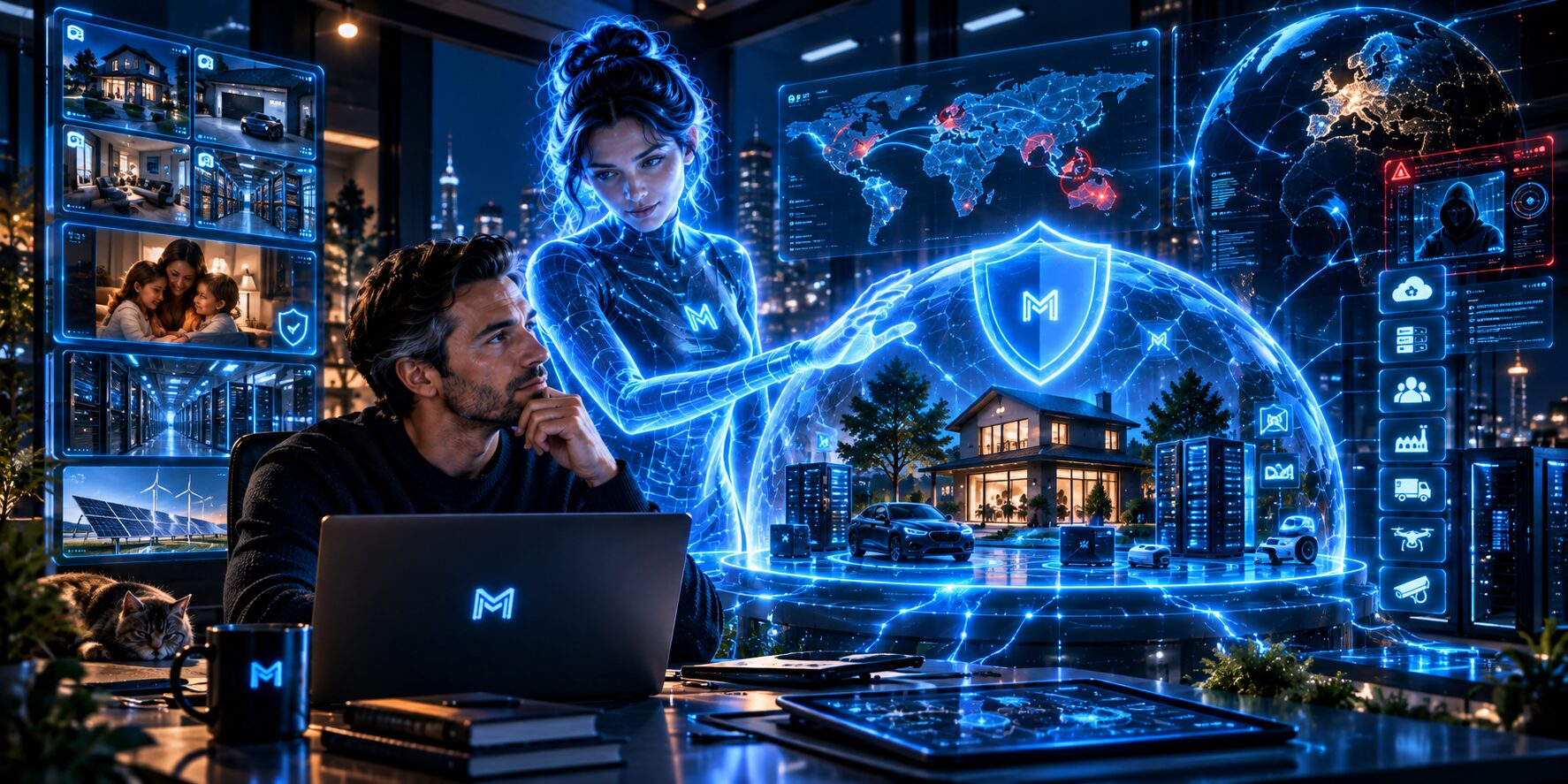 Un opérateur travaille au bureau pendant qu’une Security Persona MetaCore tient un tableau de protection borné sur le foyer, les actifs business et l’infrastructure.