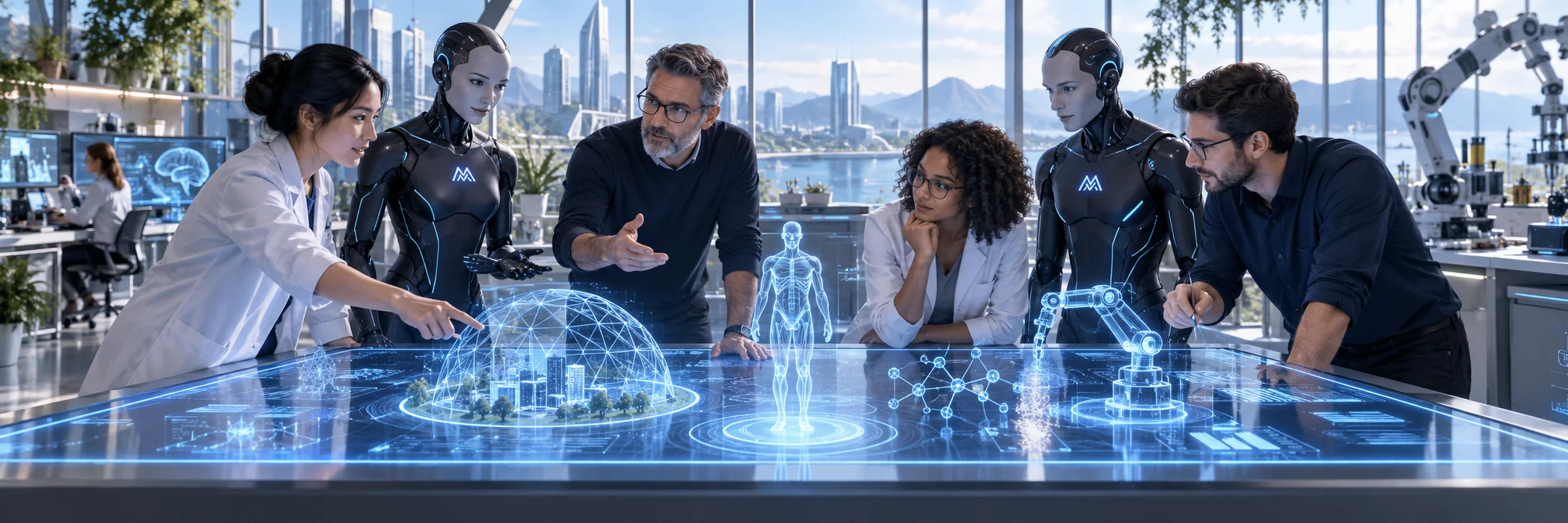 Illustration de concept de chercheurs humains et de personas IA en combinaisons marquées M collaborant autour d’une table de laboratoire