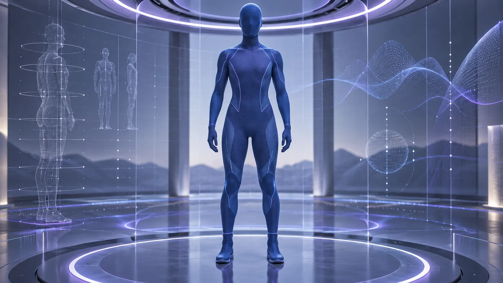 Illustration de concept d’un mannequin humain 3D habillé dans une chambre de visualisation