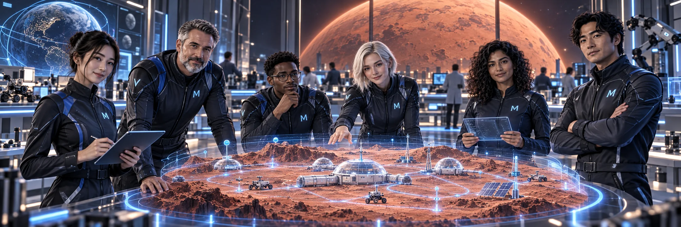 Illustration de concept de l’équipe de personas IA MetaCore étudiant un modèle holographique de mission martienne avec habitats, rovers et infrastructure
