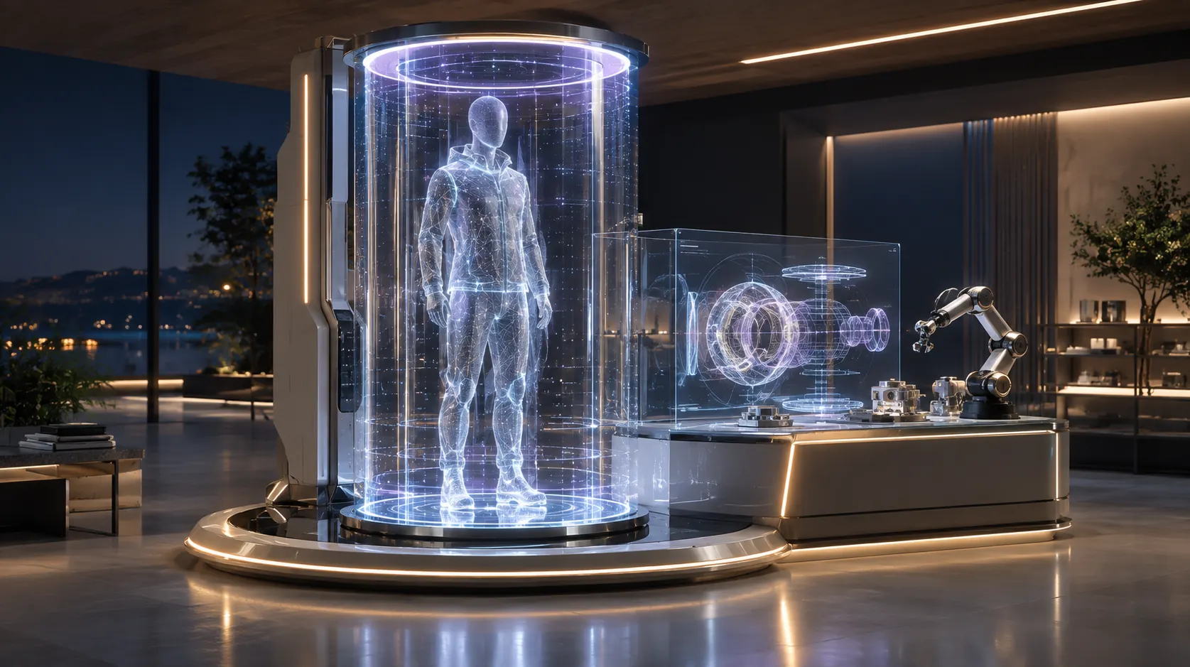 Illustration de concept d’un mannequin de recherche 3D habillé, d’un appareil géométrique et d’un bras robotique dans un labo holographique
