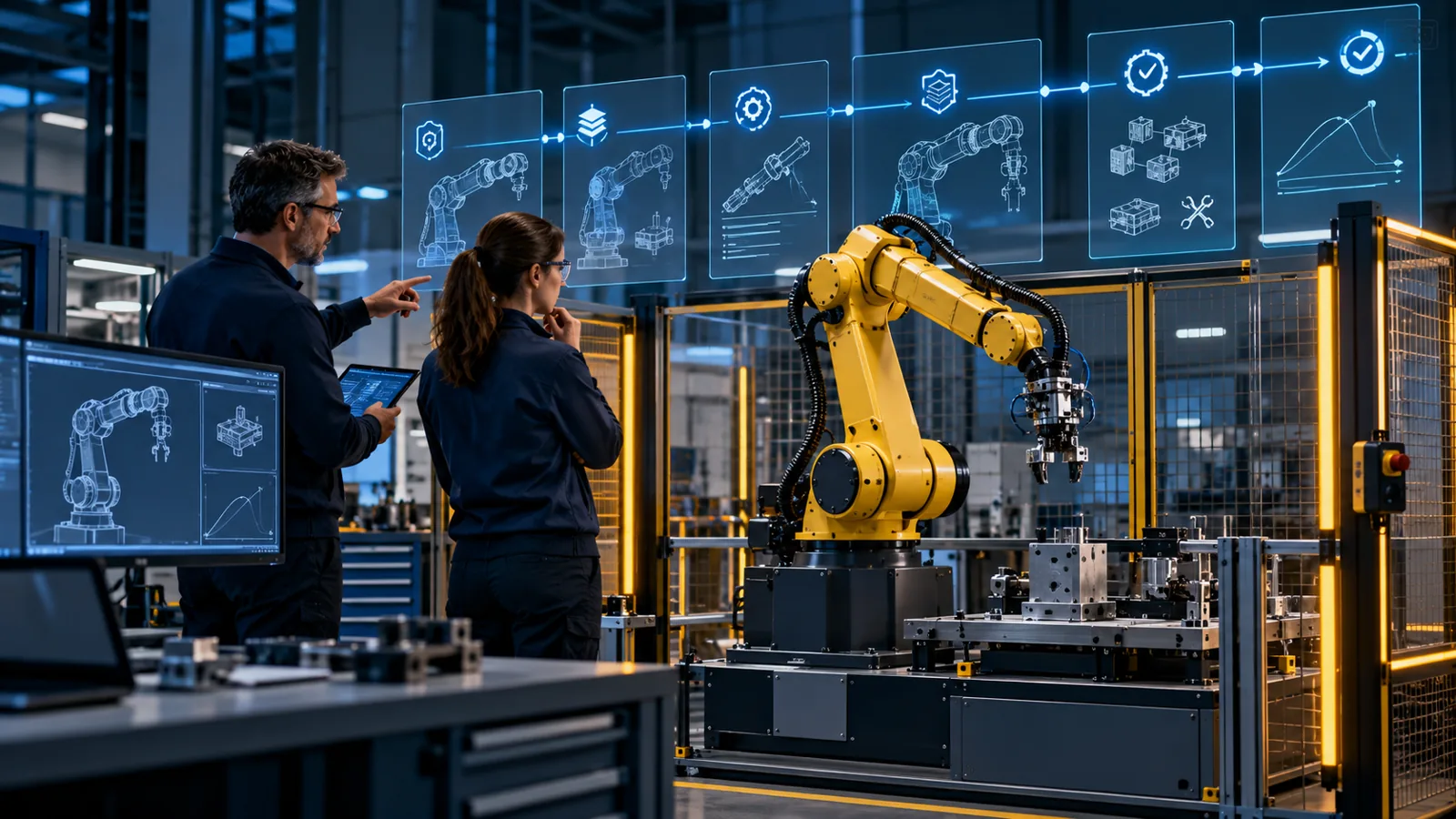 Industrial robot and engineers reviewing a long-term development and evidence record in a guarded robotics cell
