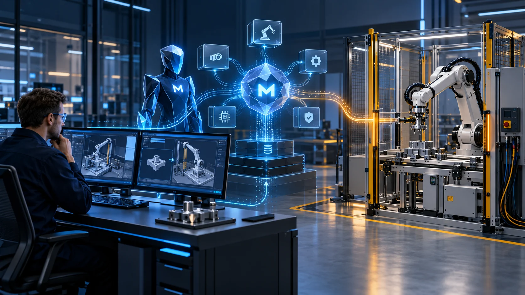 Engineer reviewing a MetaCore Semantic Physical AI route across specialist domains and a bounded industrial robot task.
